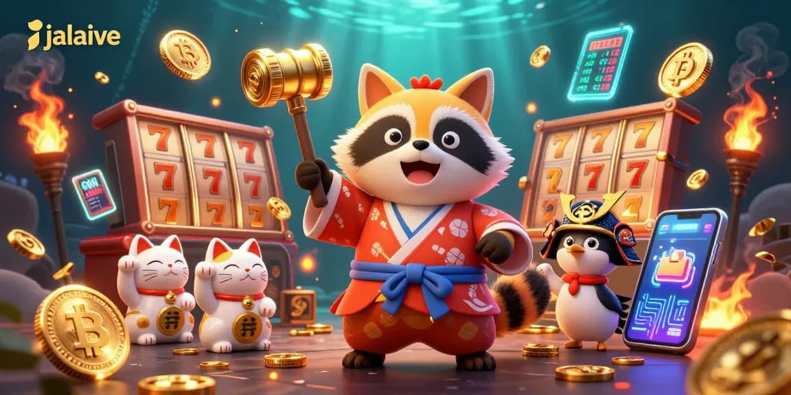 Engage with jalalive's exciting live casino atmosphere featuring a cheerful raccoon, colorful fortune cats, and glowing crypto elements.