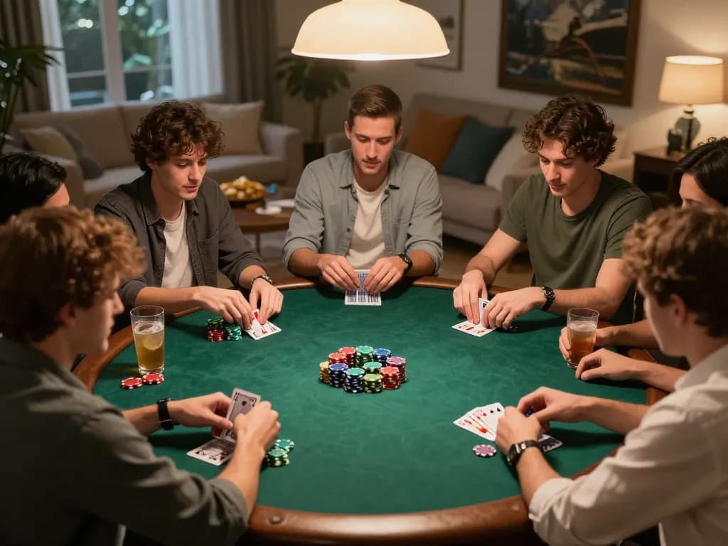 Malam poker di rumah yang menarik menampilkan sekelompok teman bermain, menyoroti strategi situs slot gacor.