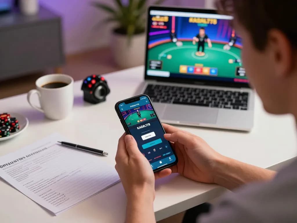 KADAL778 user engaged in smartphone gaming at a modern desk with strategic notes.