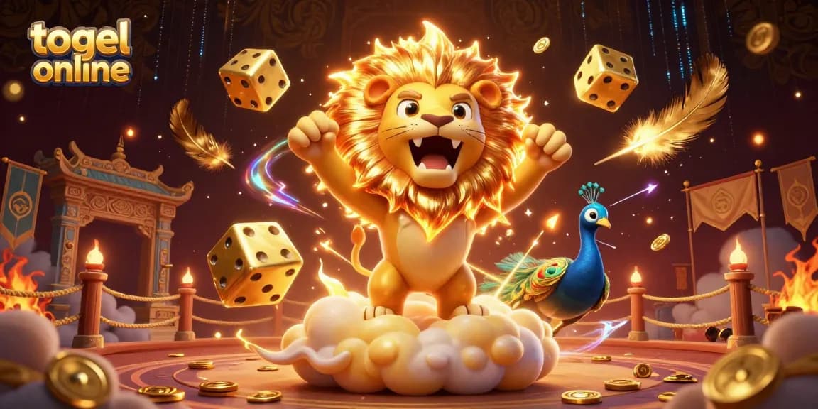 Permainan togel online yang menarik dengan singa mengagumkan di tengah awan emas dan dadu berkilau.