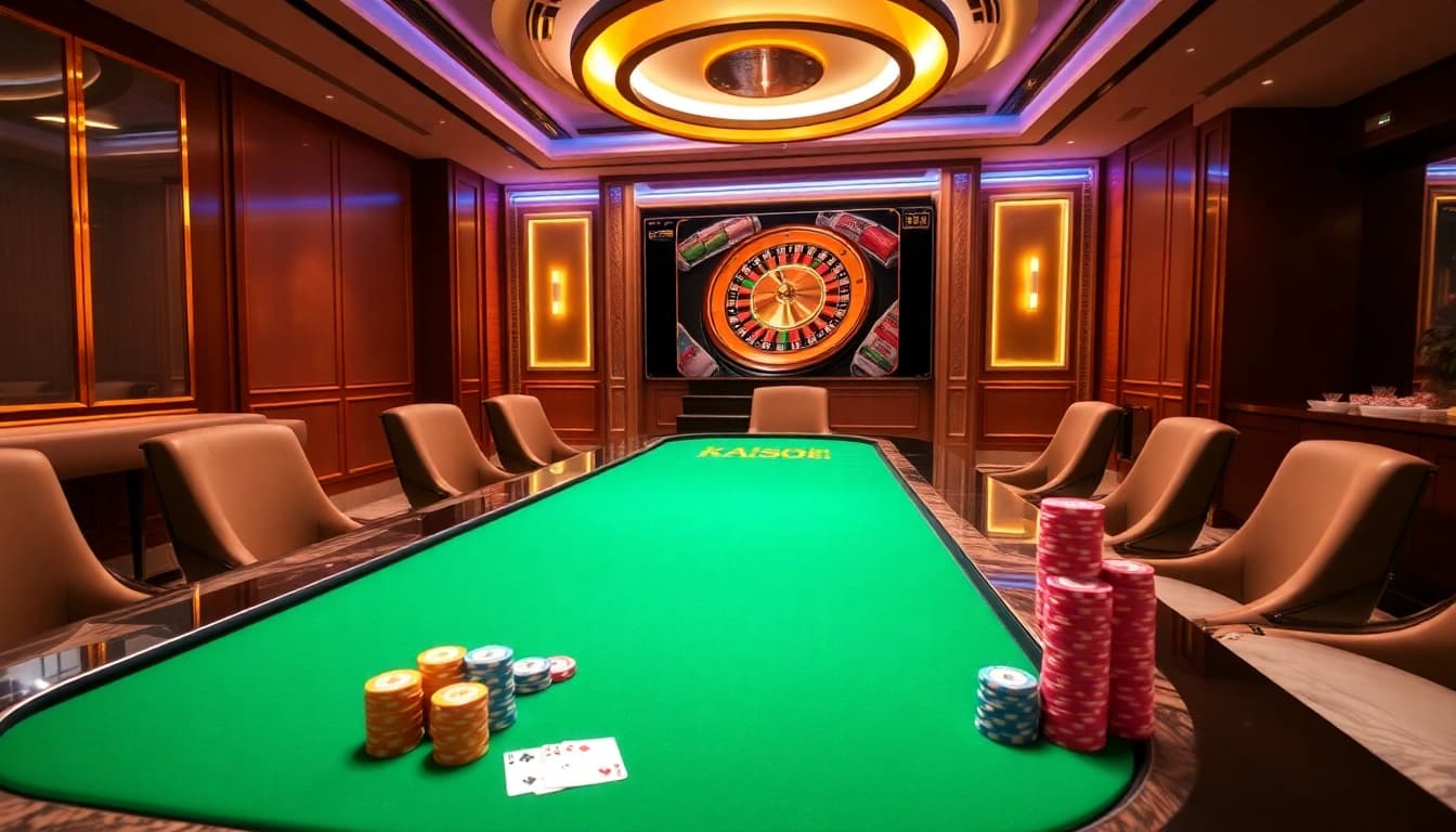 Experience KAISAR888 in a luxurious 4D gaming room, featuring stylish casino elements.