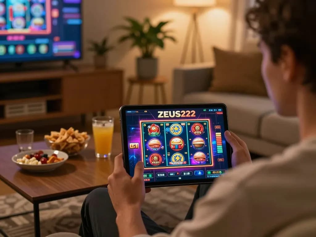 ZEUS222 player engaging with online slot game in cozy home setting