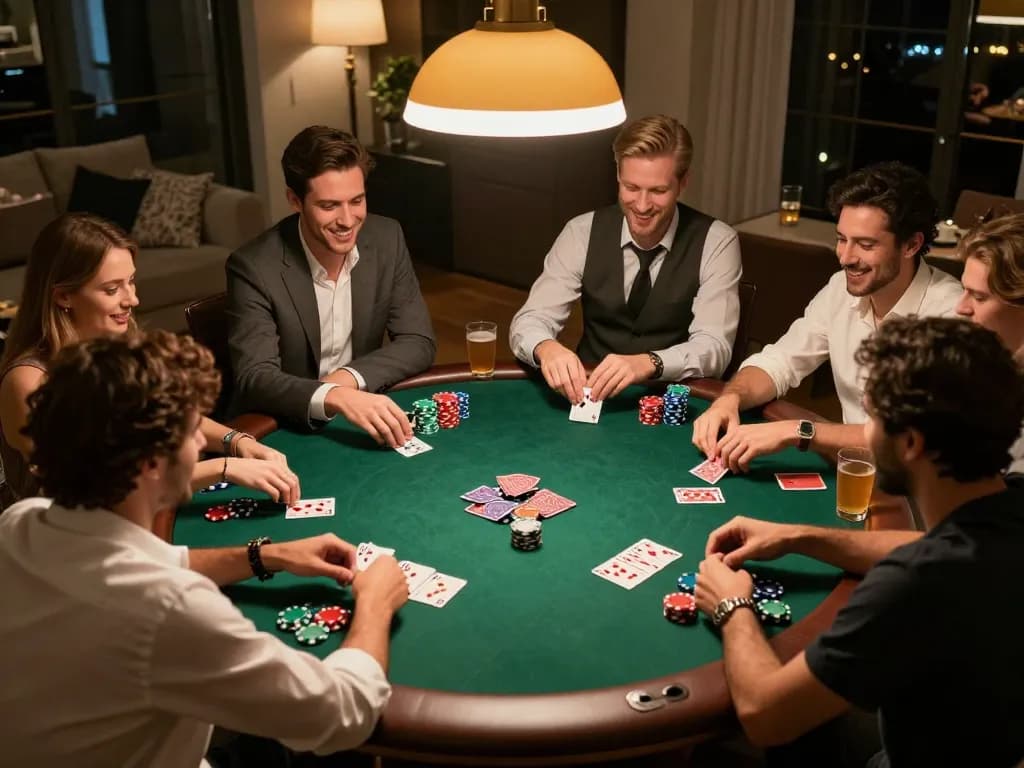 ZEUS222 players enjoying a lively poker night with chips and cards on the table.