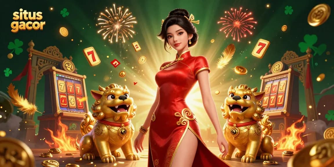 Situs gacor showcases a stunning 3D scene featuring an elegant Asian woman, golden foo dog guardians, and dynamic casino elements.
