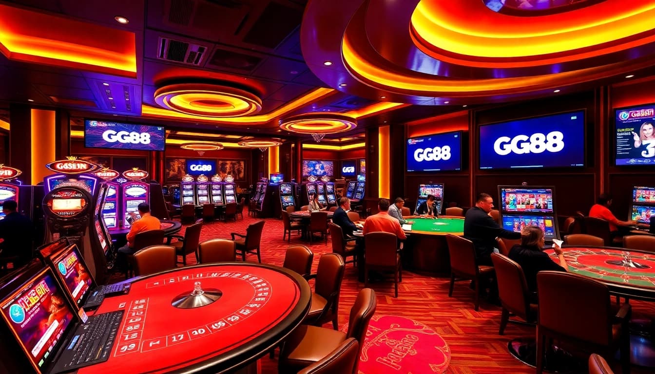 Immerse in GG88's vibrant casino environment with colorful slot machines and poker tables.