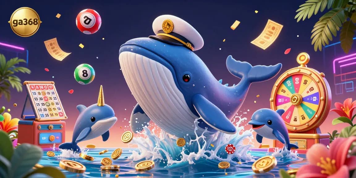 Win exciting moments with ga368 as a colossal whale joins playful dolphins in a vibrant gambling scene.