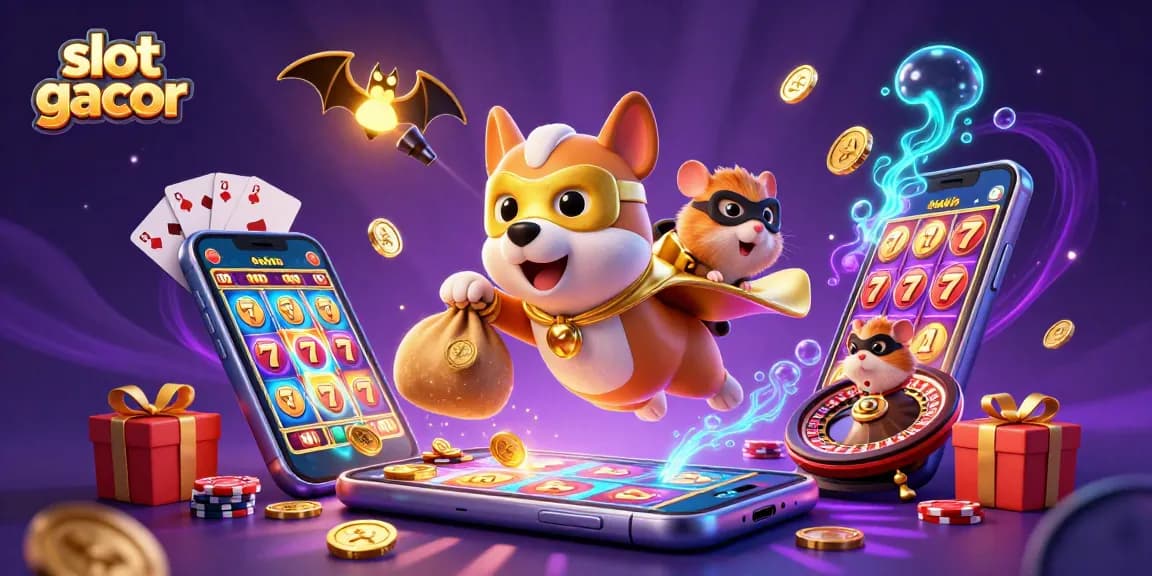 Experience slot gacor triumph with a superhero dog and hamster amidst vibrant casino elements.