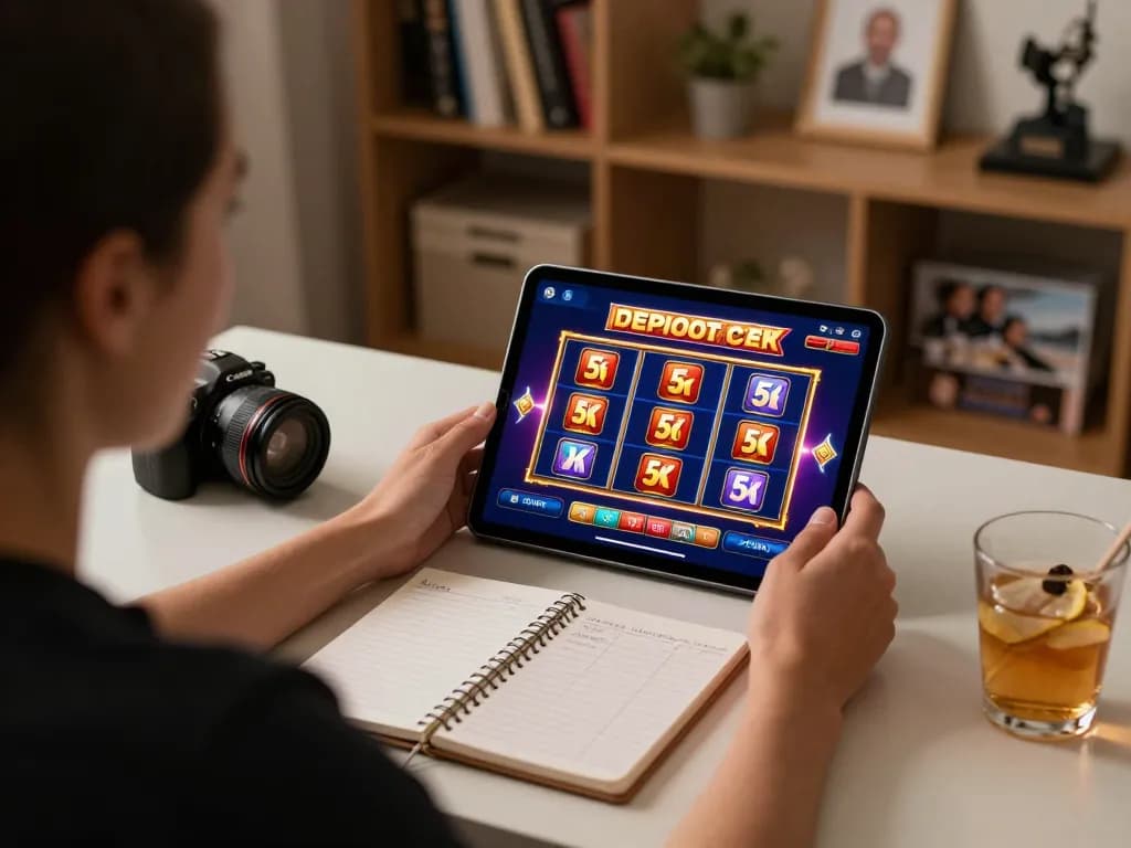Engaging online casino scene with tablet showing slot deposit 5k gameplay alongside strategic bankroll notes.