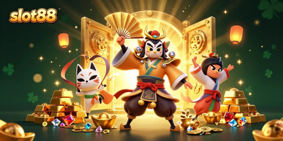 Spin to win at slot88 with a vibrant 3D scene featuring kabuki characters and treasure!