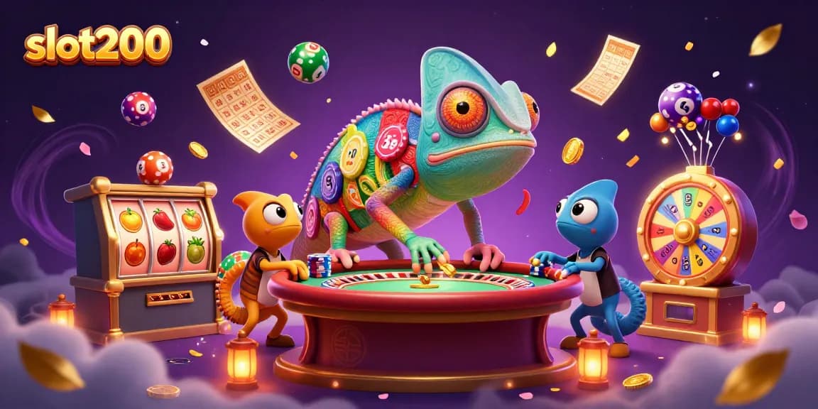 Slot200 menampilkan ilustrasi kasino dengan permainan slot dan hadiah emas yang menarik.