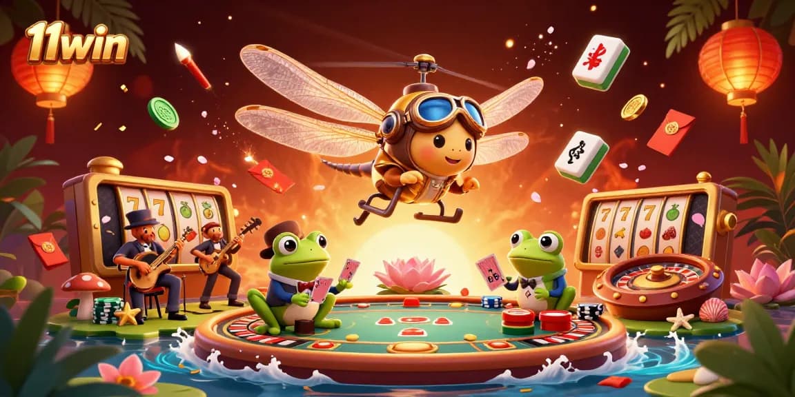 Gameplay scene at 11win with a dragonfly pilot, frog croupier, and vibrant casino atmosphere