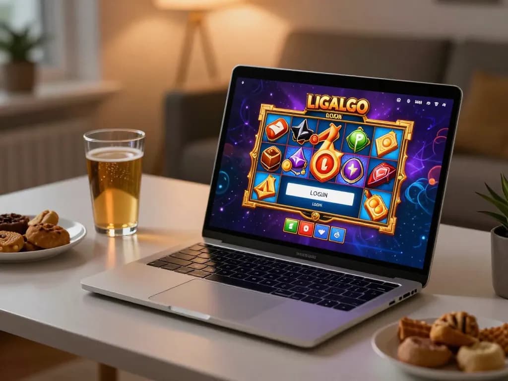 LIGALGO LOGIN on a laptop showcasing an exciting online casino game in a cozy gaming space.