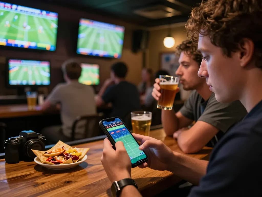 Excited sports bettor engaging with live action using ZEUS222 app, vibrant sports bar atmosphere.