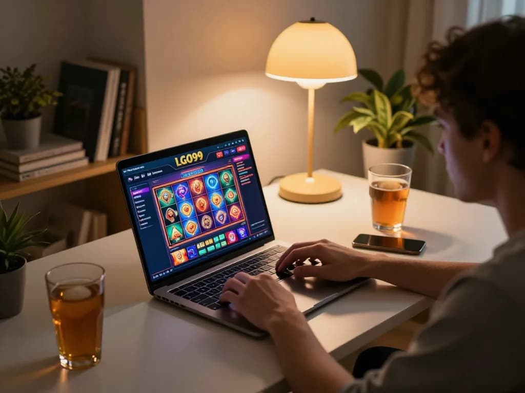 LGO99 player engaging with vibrant online slot games on a cozy home desk setup