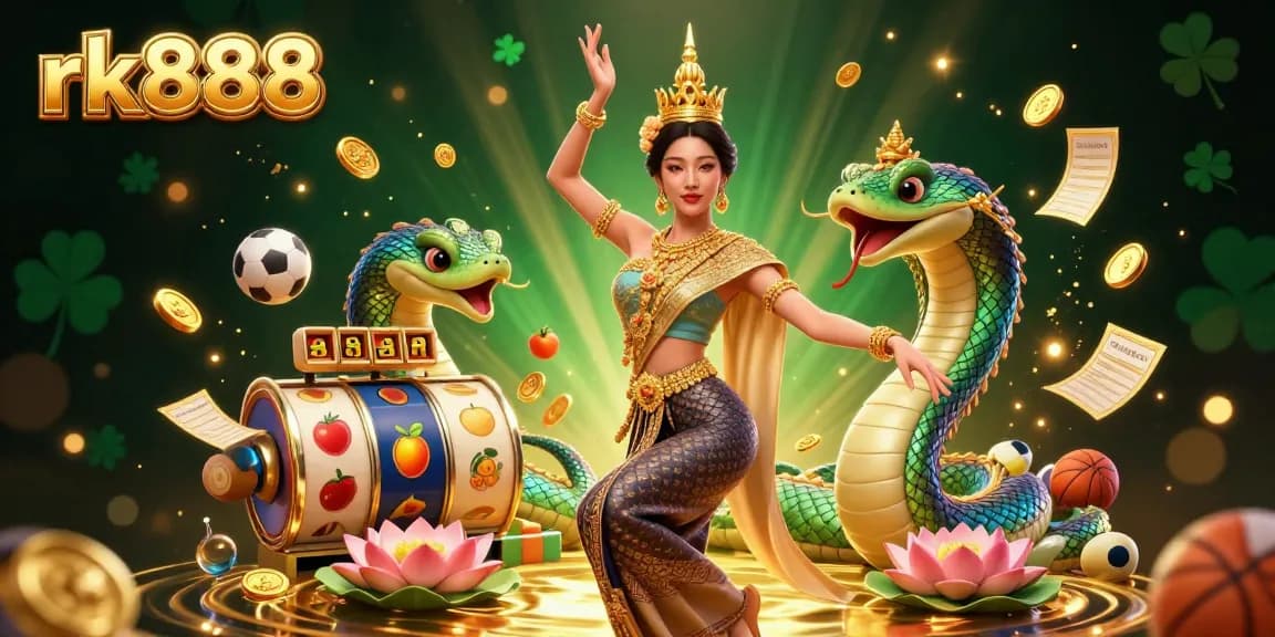 Experience the excitement of rk888 with a vibrant 3D casino scene featuring a Thai dancer and jackpot elements.