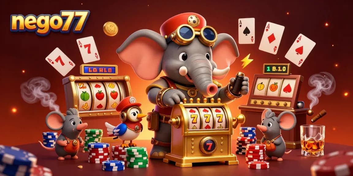 Experience thrilling gameplay at nego77 with a vibrant casino scene featuring steampunk characters and slot machines.