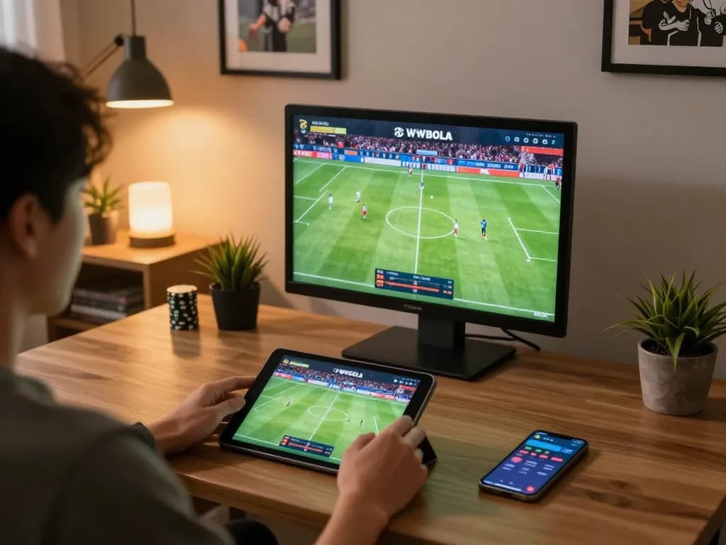 WWBOLA user engaging in live sports betting from a stylish home setup with a tablet.