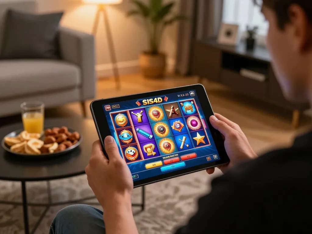 Engaging with SIS4D online slots on a tablet at home, showcasing gameplay excitement and responsible gaming.