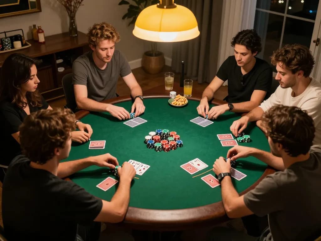 Players enjoying a competitive poker night at home with strategic gameplay, showcasing the safe and enjoyable environment of janadenole.