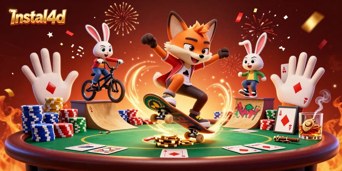 Instal4d ignites excitement with a cartoon fox and rabbit showcasing thrilling casino tricks amid vibrant gambling elements.
