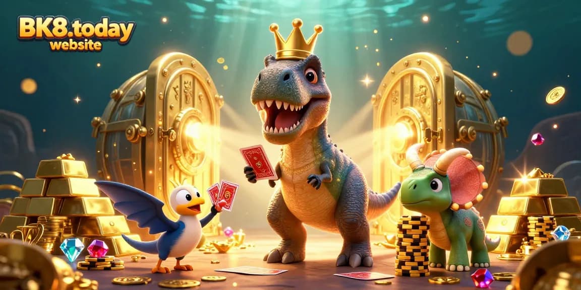 Experience thrilling gaming action at BK8.today website with a T-Rex shuffling cards in a vivid casino scene.