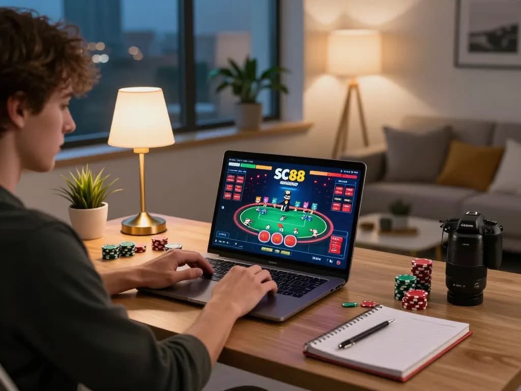 Player enjoying SC88 online gaming with poker action on laptop in a cozy setting