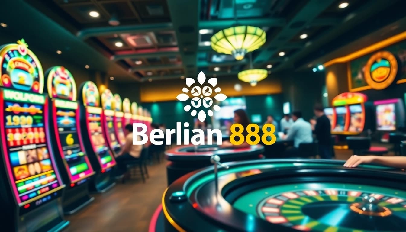 Berlian 888 engages players with an exciting casino atmosphere featuring vibrant slot machines and poker tables.