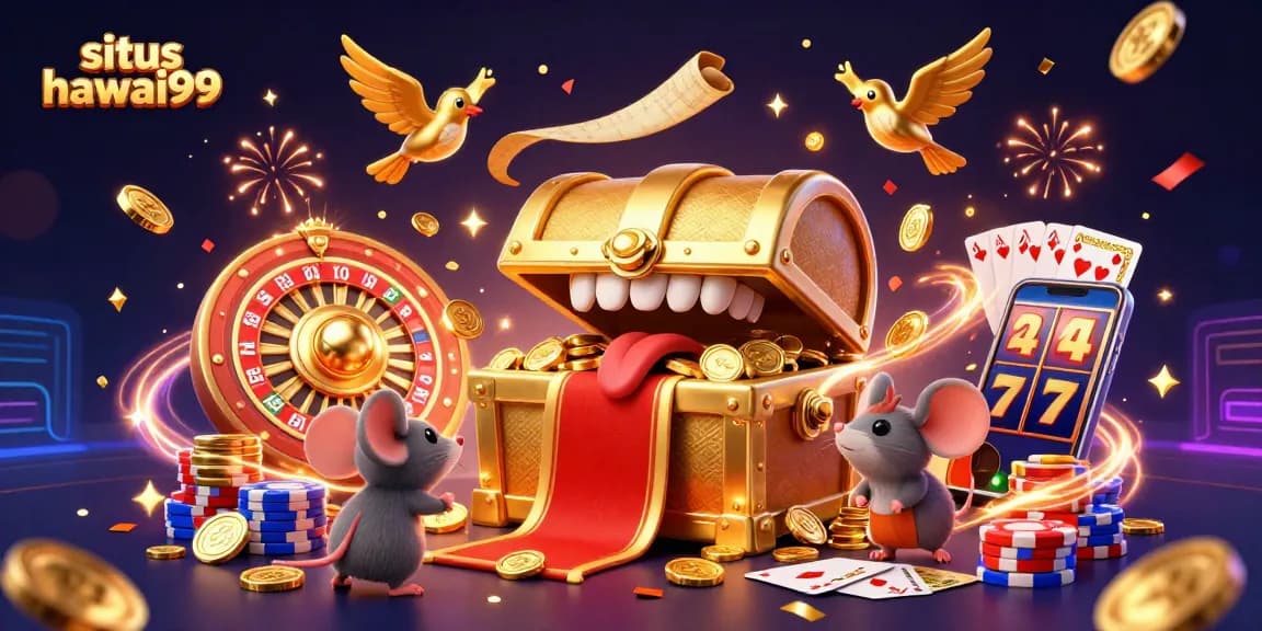 Engage in the exciting world of situs hawai99 with a dynamic 3D illustration showcasing rich game elements and vibrant visuals.
