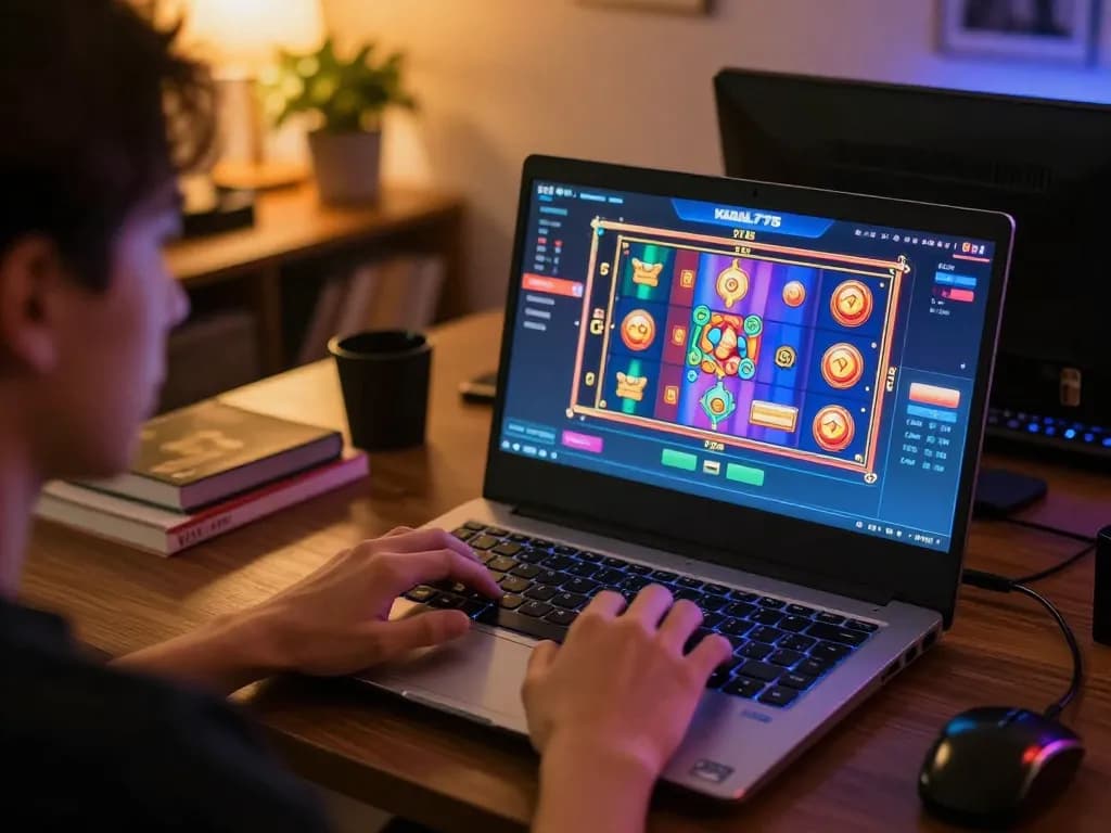 KADAL778 player engaging with colorful slot machines on laptop in cozy home office setting
