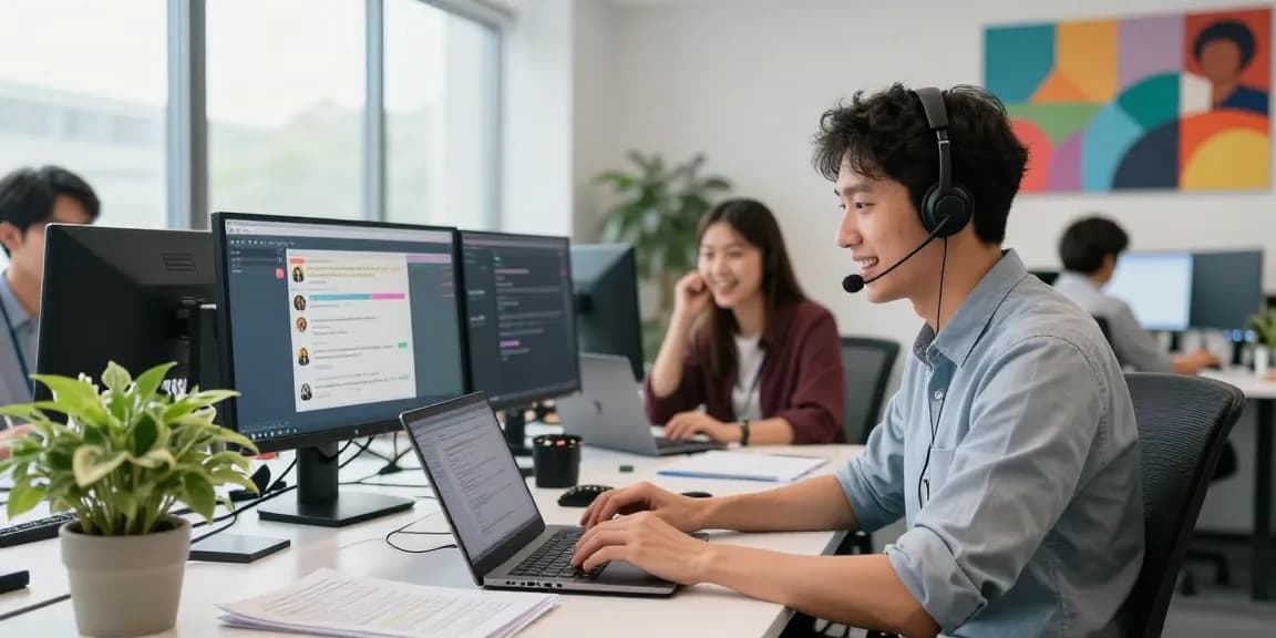 Helpdesk representative providing customer support for rajaberas88 with dual monitors, vibrant office setting, engaging atmosphere