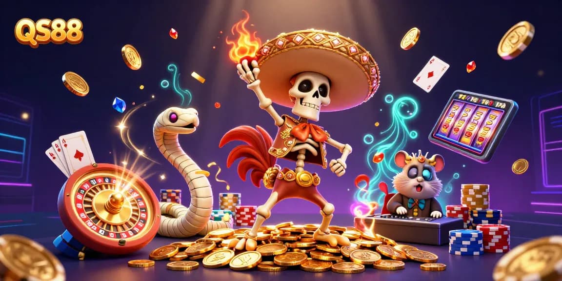Experience thrilling wins with QS88 in this vibrant 3D casino illustration featuring lucky symbols and characters.