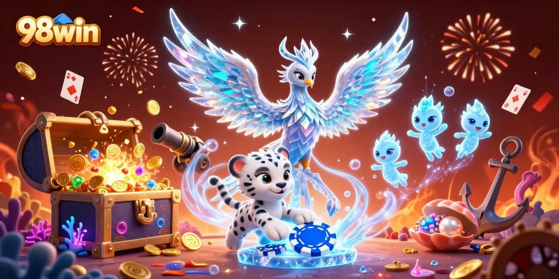 Engage with 98win's thrilling gaming universe featuring an ice phoenix, poker chip, and golden treasures.