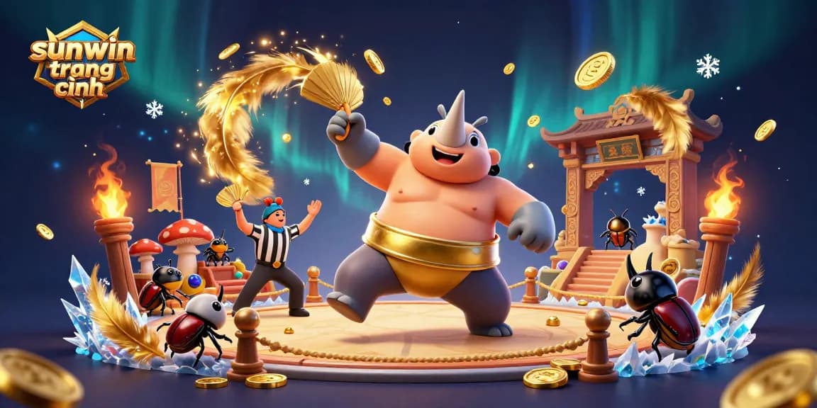 Experience excitement at sunwin trang chính with vibrant 3D illustration of a beetle champion and dynamic casino elements.