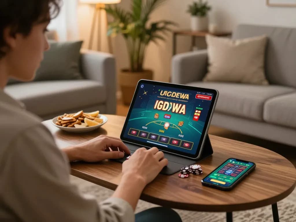 Player enjoying live dealer game on UGDEWA using tablet in a cozy home environment.