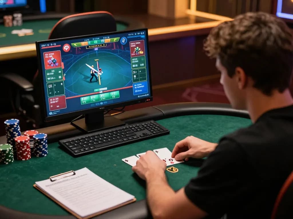 Player studying strategy at an online poker game on 98win platform, engaging environment with focused atmosphere.