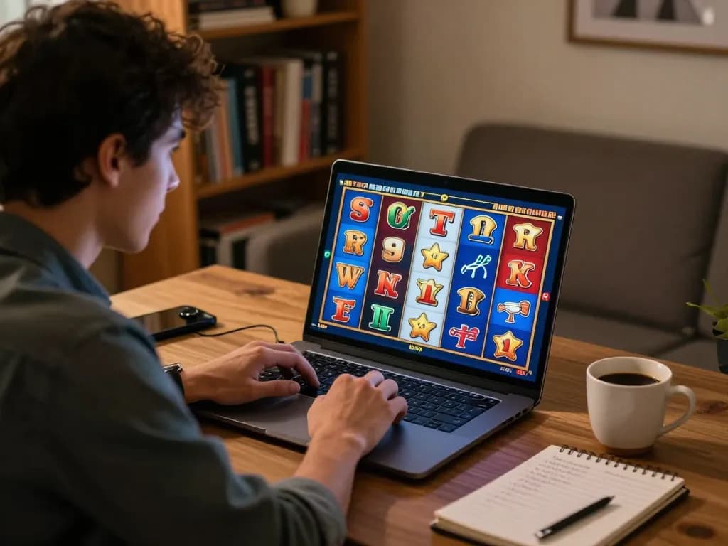 Player engaging in a thrilling toto slot game online in a cozy home setup, filled with excitement and strategy.