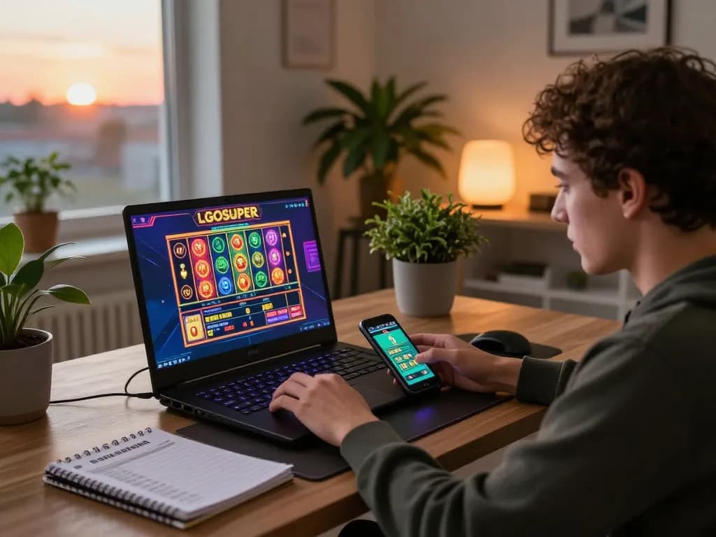 Playing LGOSUPER online slots in a cozy home setup, showcasing strategic gaming atmosphere.