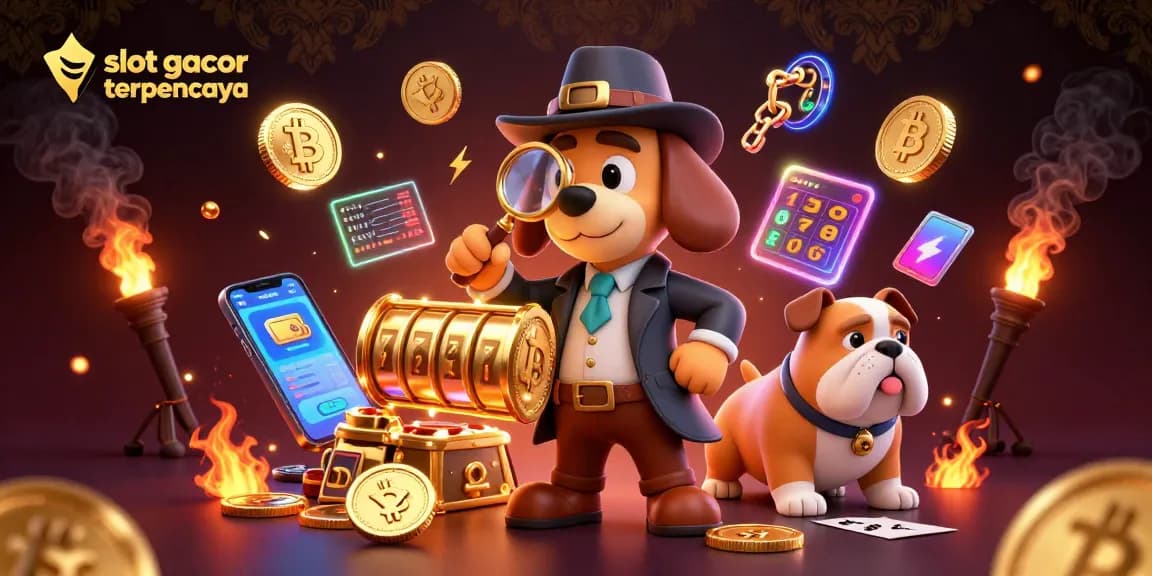 Slot gacor terpercaya menawarkan petunjuk dengan simbol slot dan karakter detektif dalam ilustrasi 3D.