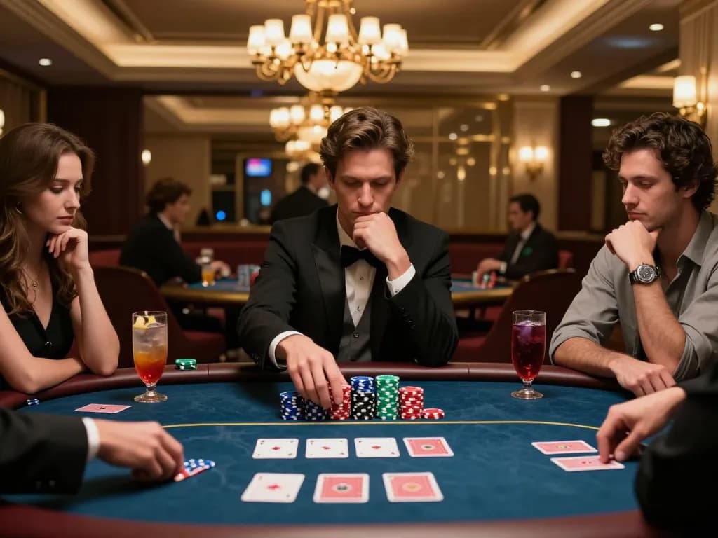 UGDEWA players strategizing in a luxurious casino poker game, showcasing a high-stakes moment.