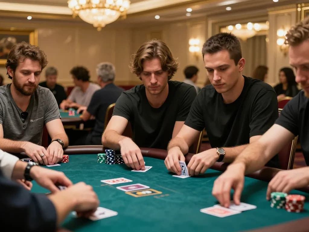 Players strategizing in a high-stakes poker game at LIGALGO casino with intense focus on their cards.