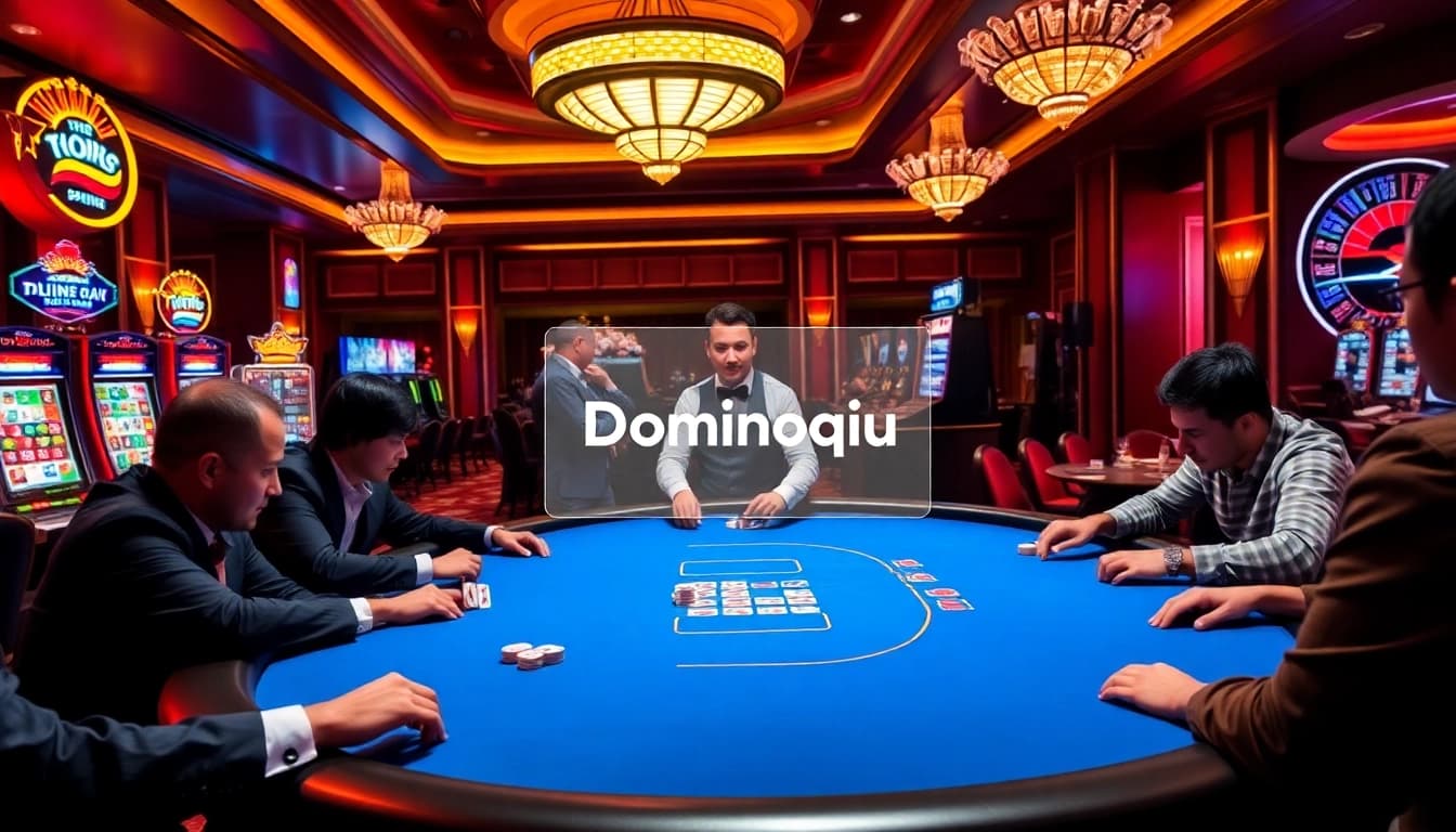Experience exciting gameplay with Dominoqiu at a luxurious poker table filled with vibrant casino elements.