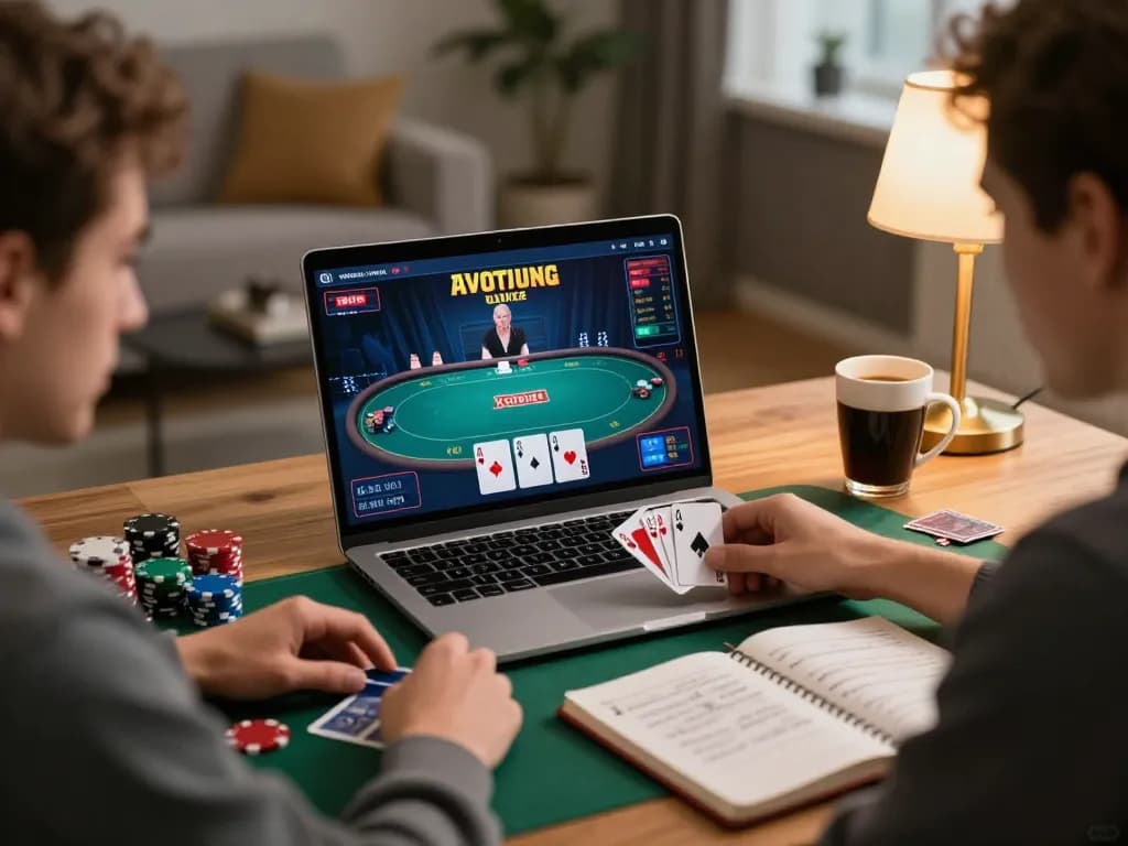 MPOID online poker gameplay scene featuring a focused player at home with strategic notes.