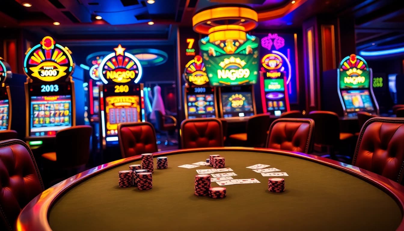 Naga99 players enjoying their game at a luxurious casino table filled with vibrant poker chips.