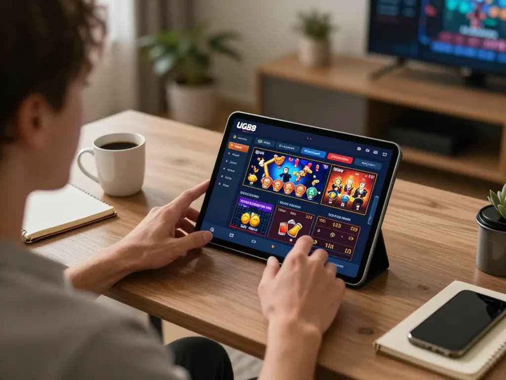 Engaging in online gaming at the tran chủ UG88 tablet, showcasing diverse casino options