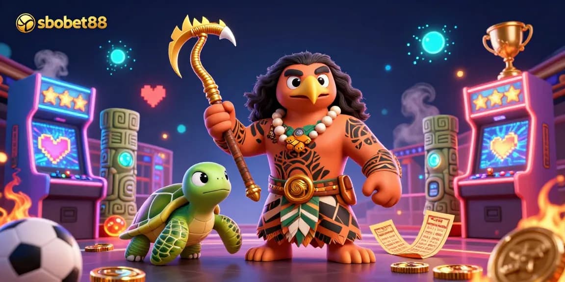Sbobet88 sports betting illustration featuring a demigod hawk and turtle in a detailed casino scene.