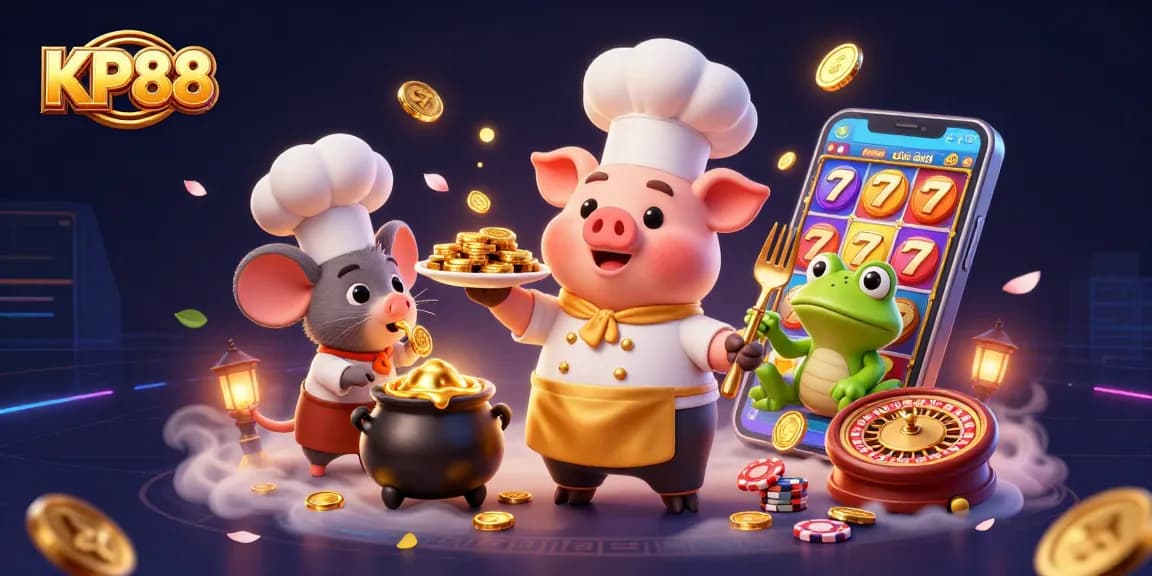 Engage in thrilling slot games with KP88 as chef pig serves gold coins in a vibrant scene.