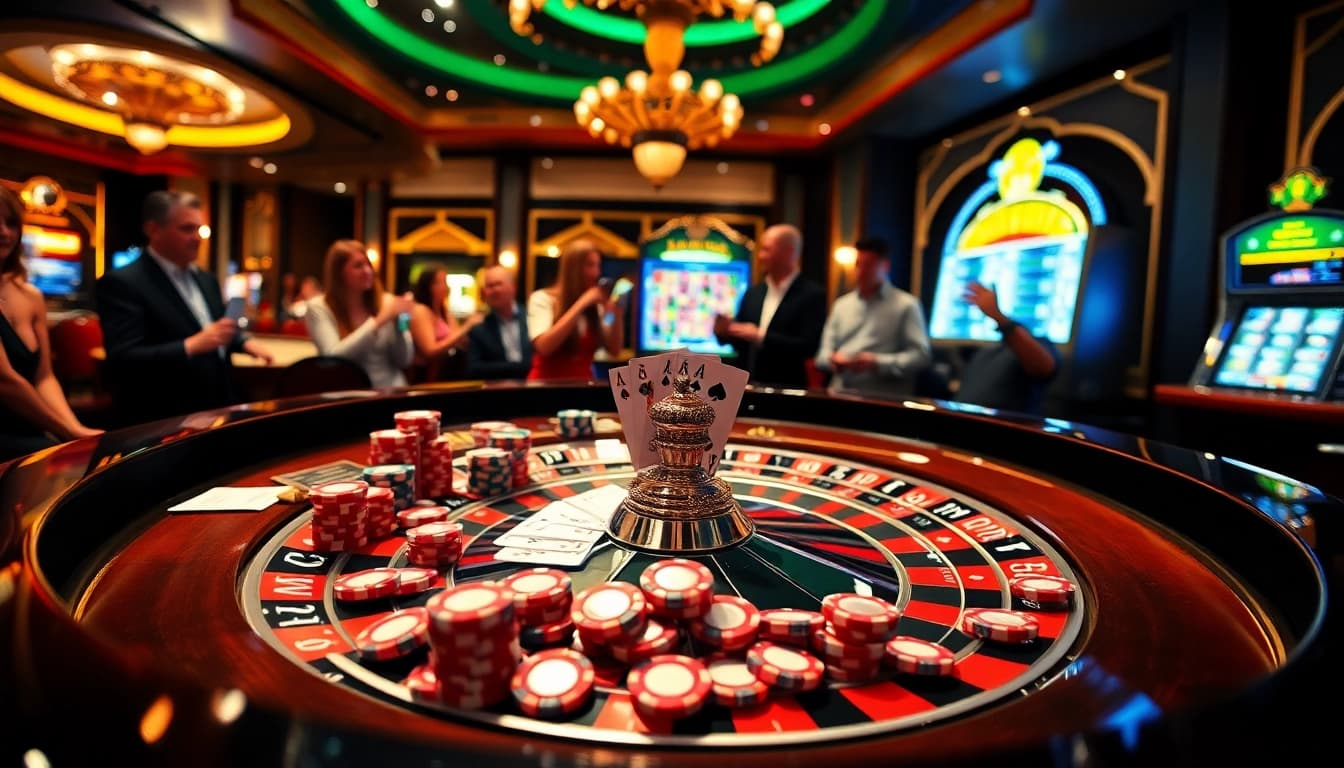 Experience the thrill of Top 10 nhà cái uy tín at a luxurious casino table with vibrant roulette and poker action.
