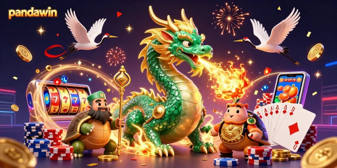 Experience thrilling jackpots with pandawin featuring a jade dragon, turtle sage, and lucky cranes amidst cascading coins and slot reels.