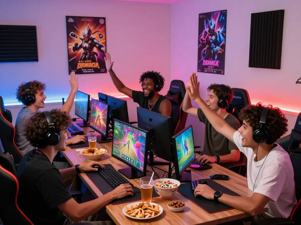 Friends enjoying gaming experiences at mantra88.net with colorful screens and vibrant atmosphere.