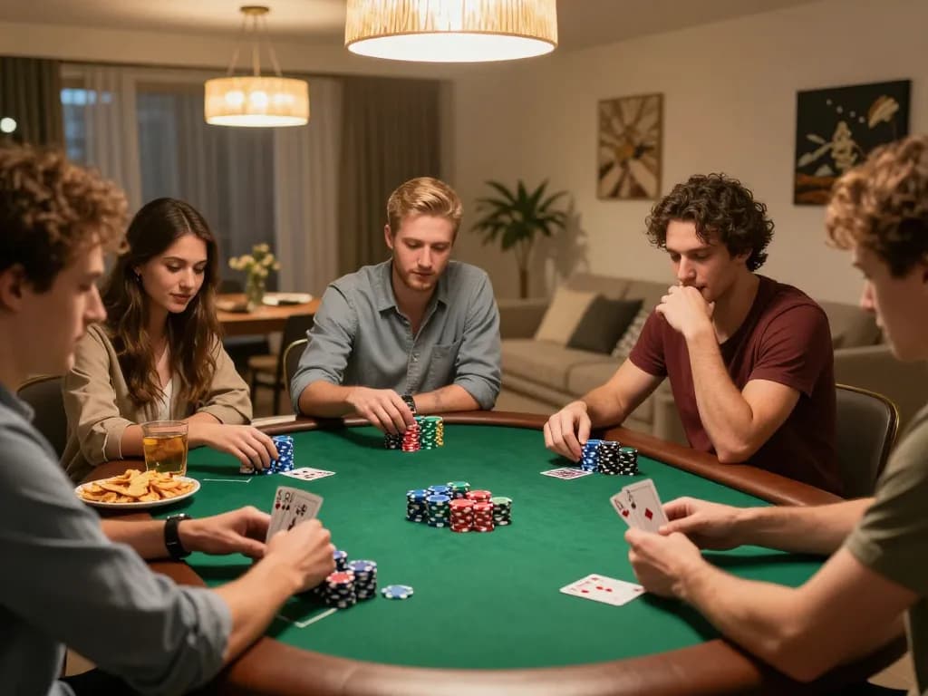 Friends enjoying a lively poker night at home, showcasing colorful chips and cards while engaging in friendly competition at 888new.